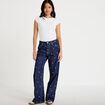 Jean wide leg taille haute brod&eacute; bleu fonc&eacute; femme