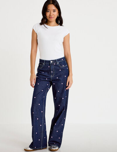 Jean wide leg taille haute brod&eacute; bleu fonc&eacute; femme
