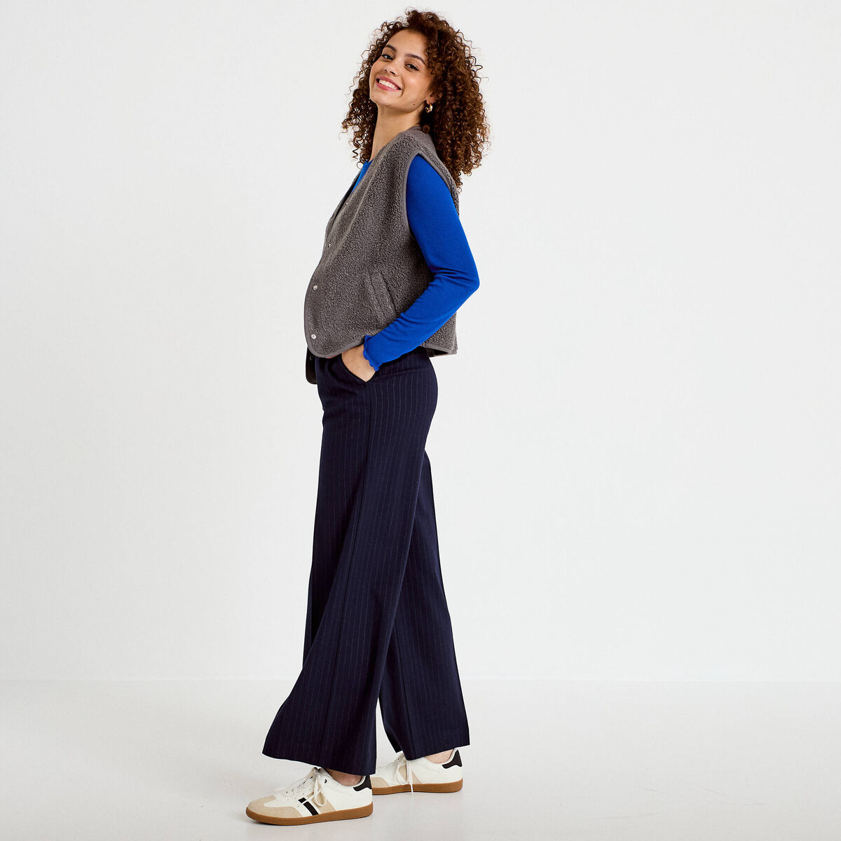 Pantalon large taille standard bleu marine femme