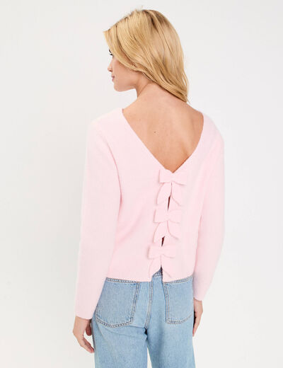 Pull d&eacute;collet&eacute; dos avec noeuds rose clair femme