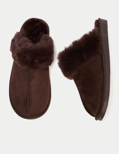 Chaussons fausse fourrure marron fonc&eacute; femme