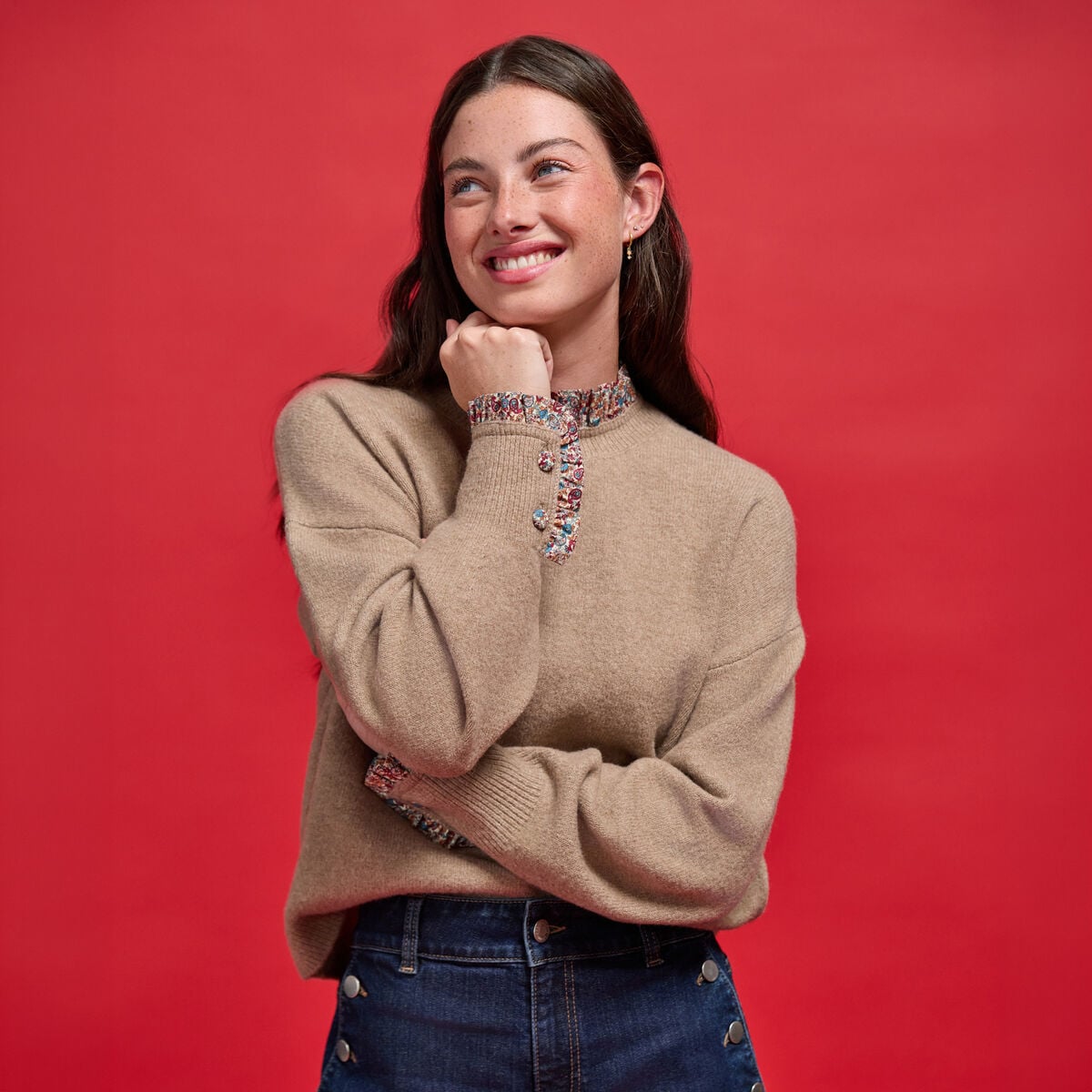 Pull col rond manches longues beige femme