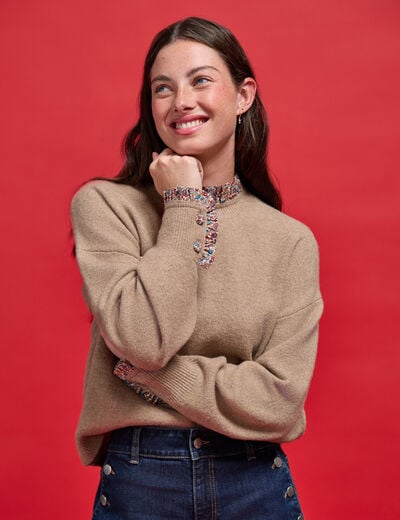 Pull col rond manches longues beige femme