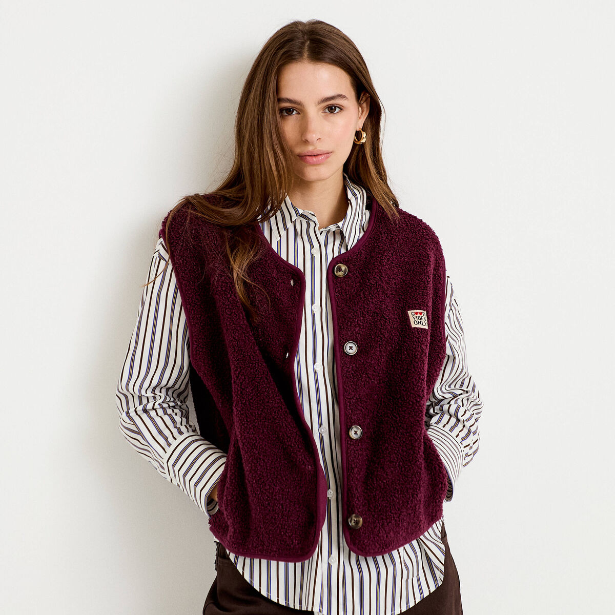 Gilet sans manches effet polaire prune femme