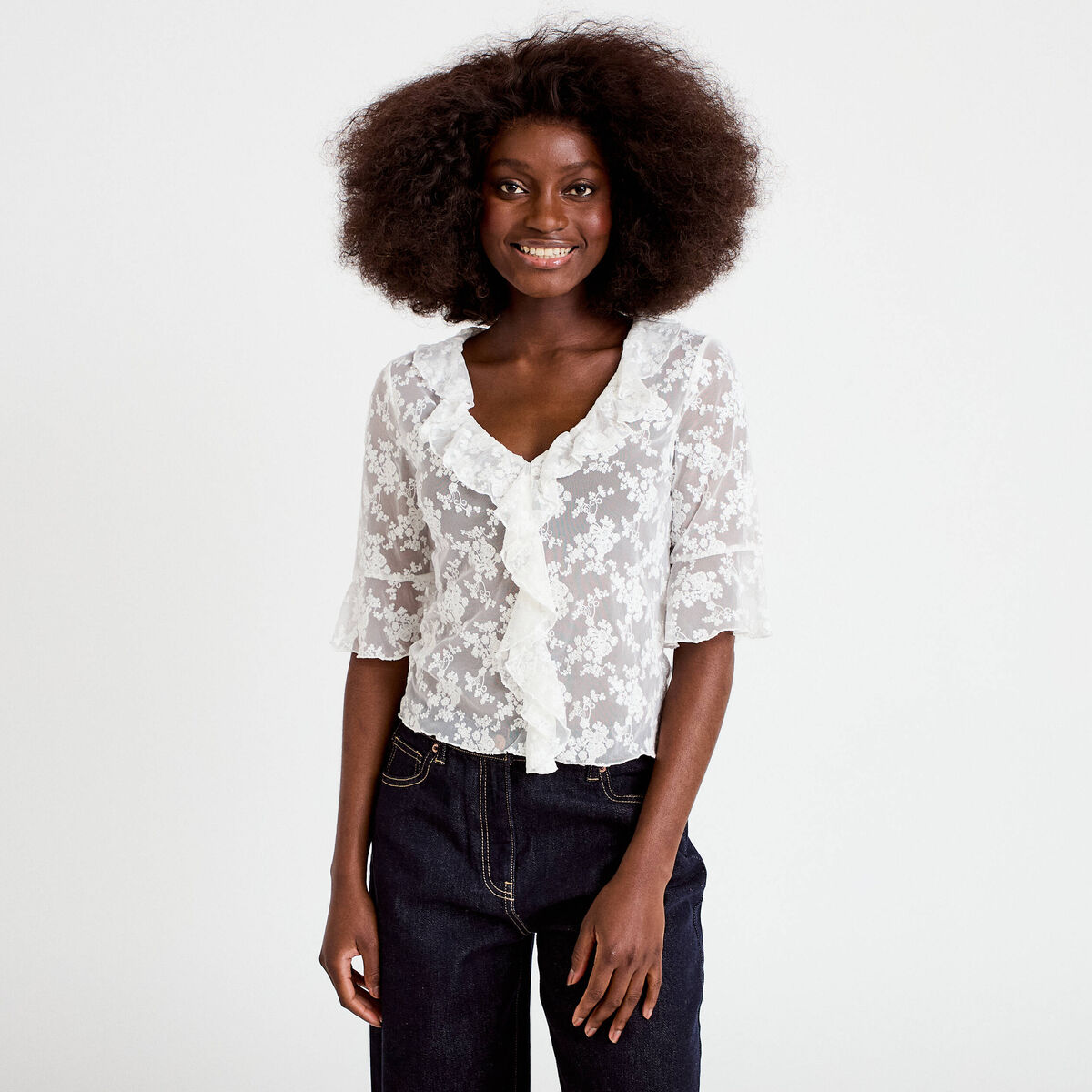 Blouse dentelle &agrave; volants ecru femme