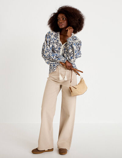 Blouse ample col v manches longues blanc femme