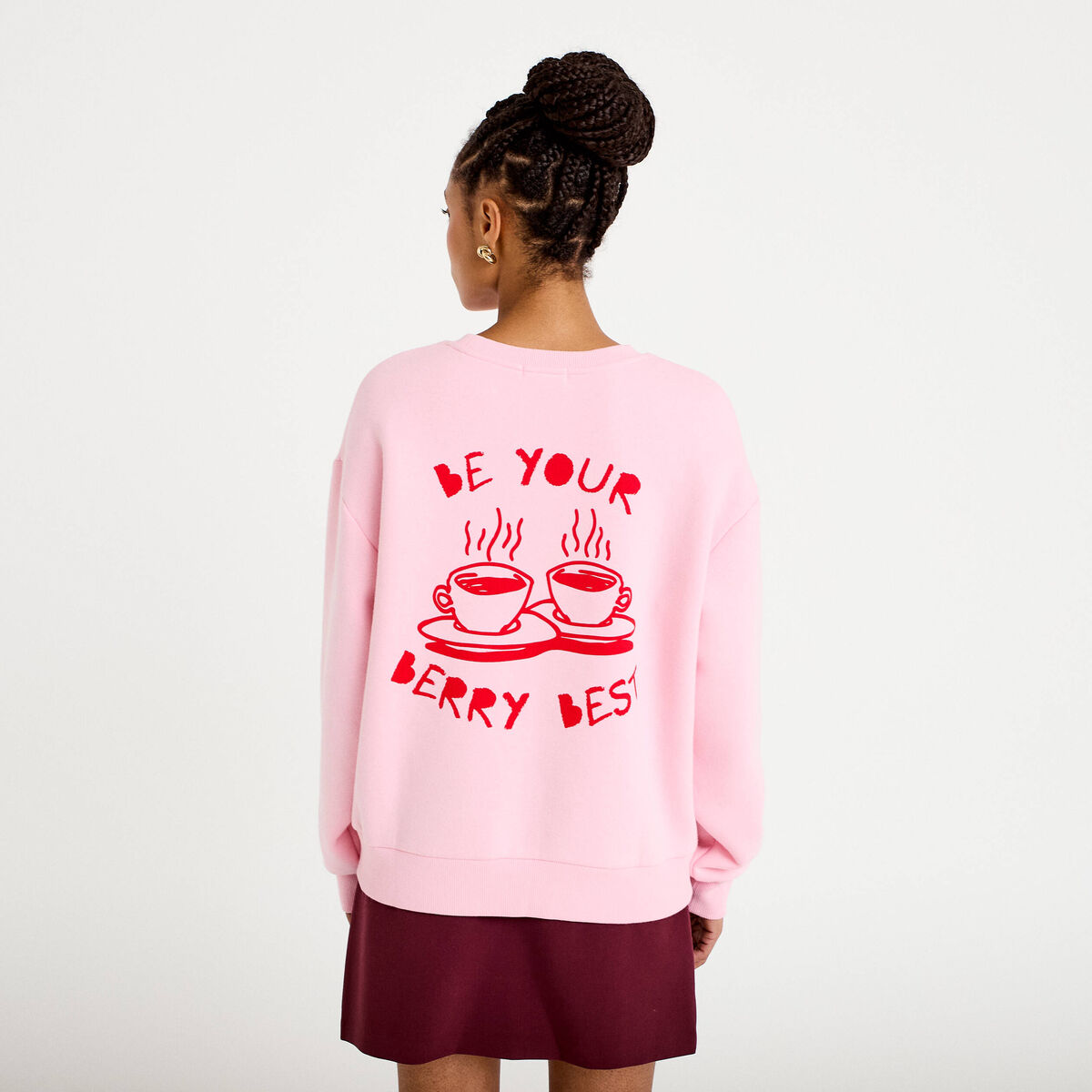 Sweat oversize col rond manches longues rose clair femme