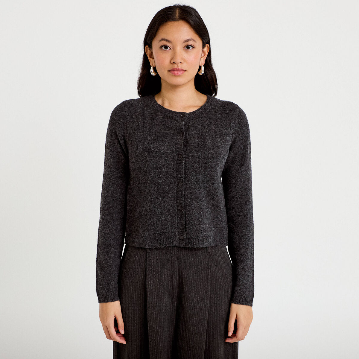 Gilet boutonn&eacute; manches longues gris fonc&eacute; femme