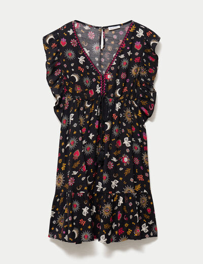 Robe &eacute;vas&eacute;e cr&ecirc;pe col v manches courtes noir femme