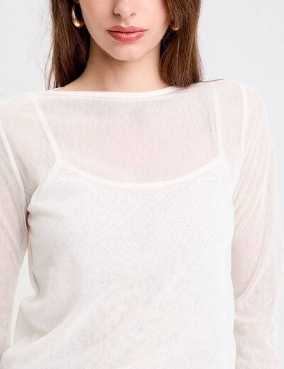 Top transparent col rond manches longues ecru femme