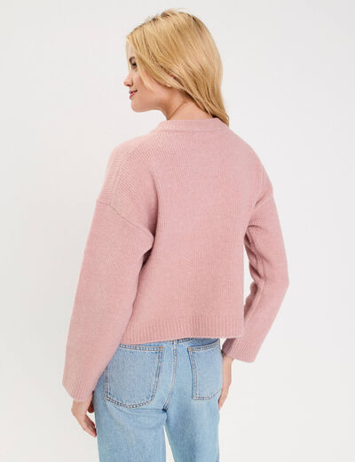 Gilet bouclette col rond manches longues rose poudr&eacute;e femme