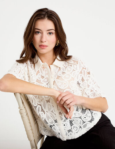 Chemise macram&eacute; manches courtes ecru femme