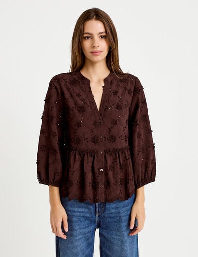 Blouse &agrave; motif en relief marron fonc&eacute; femme