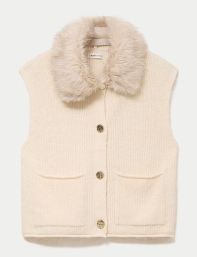 Gilet manches courtes fausse fourrure ecru femme