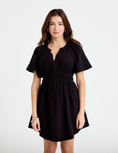 Robe courte &eacute;vas&eacute;e manches courtes noir femme