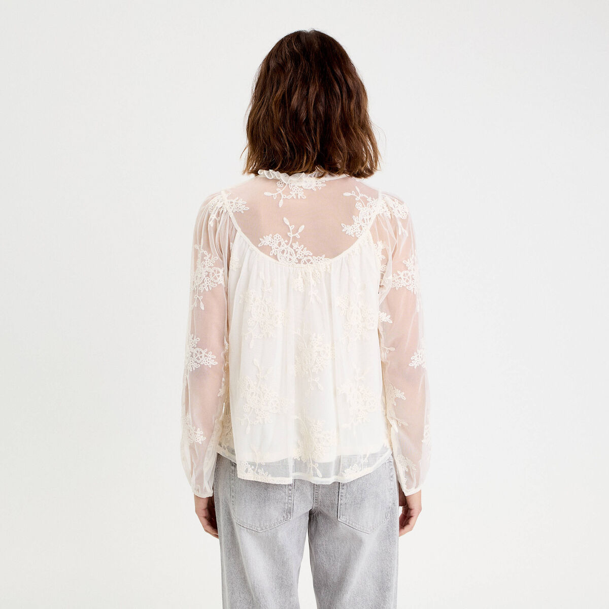 Blouse dentelle manches longues ecru femme