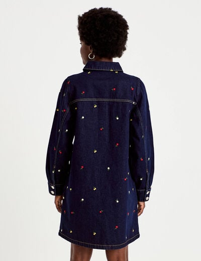 Robe courte &eacute;vas&eacute;e en jean brod&eacute;e bleu marine femme