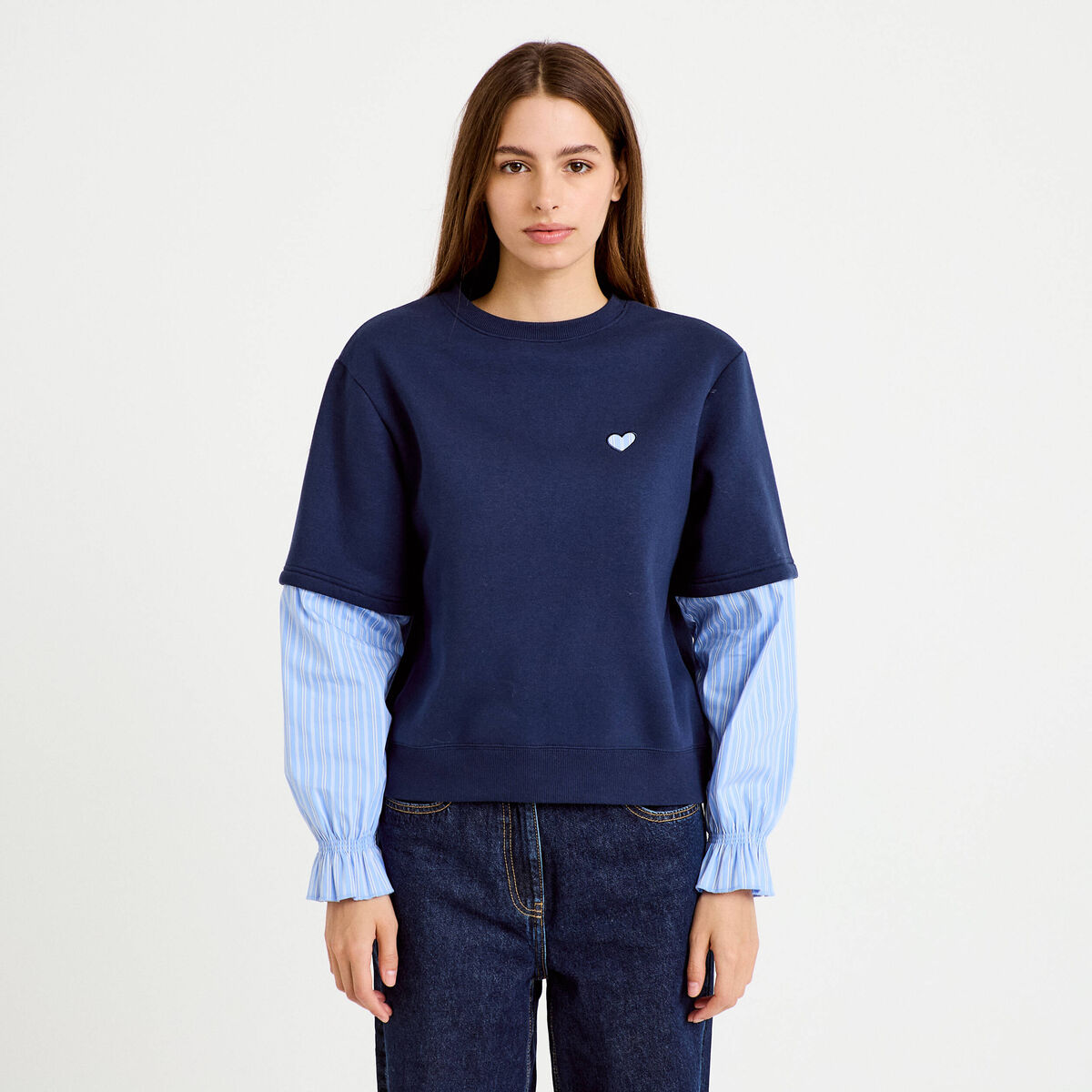 Sweat bi-mati&egrave;re manches longues bleu marine femme