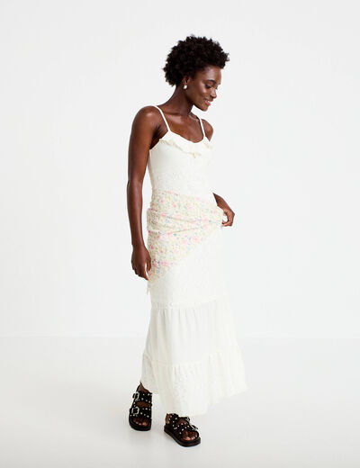 Robe longue &eacute;vas&eacute;e col v bretelles ecru femme