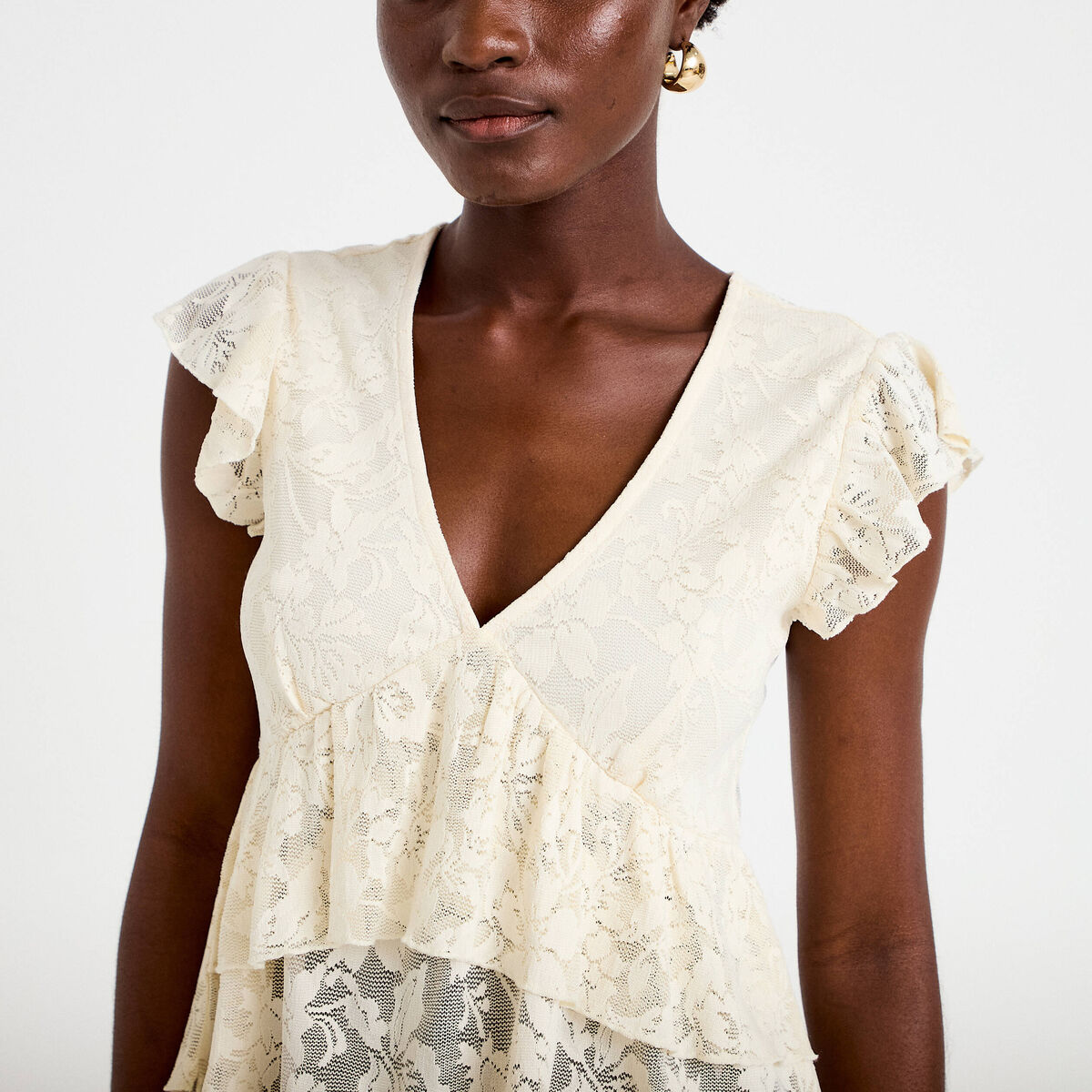 Blouse manches courtes aspect dentelle ecru femme
