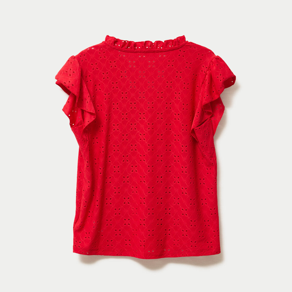 Blouse ajour&eacute;e col v manches courtes rouge femme