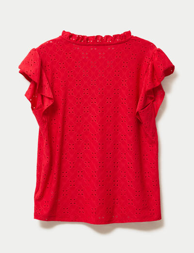 Blouse ajour&eacute;e col v manches courtes rouge femme