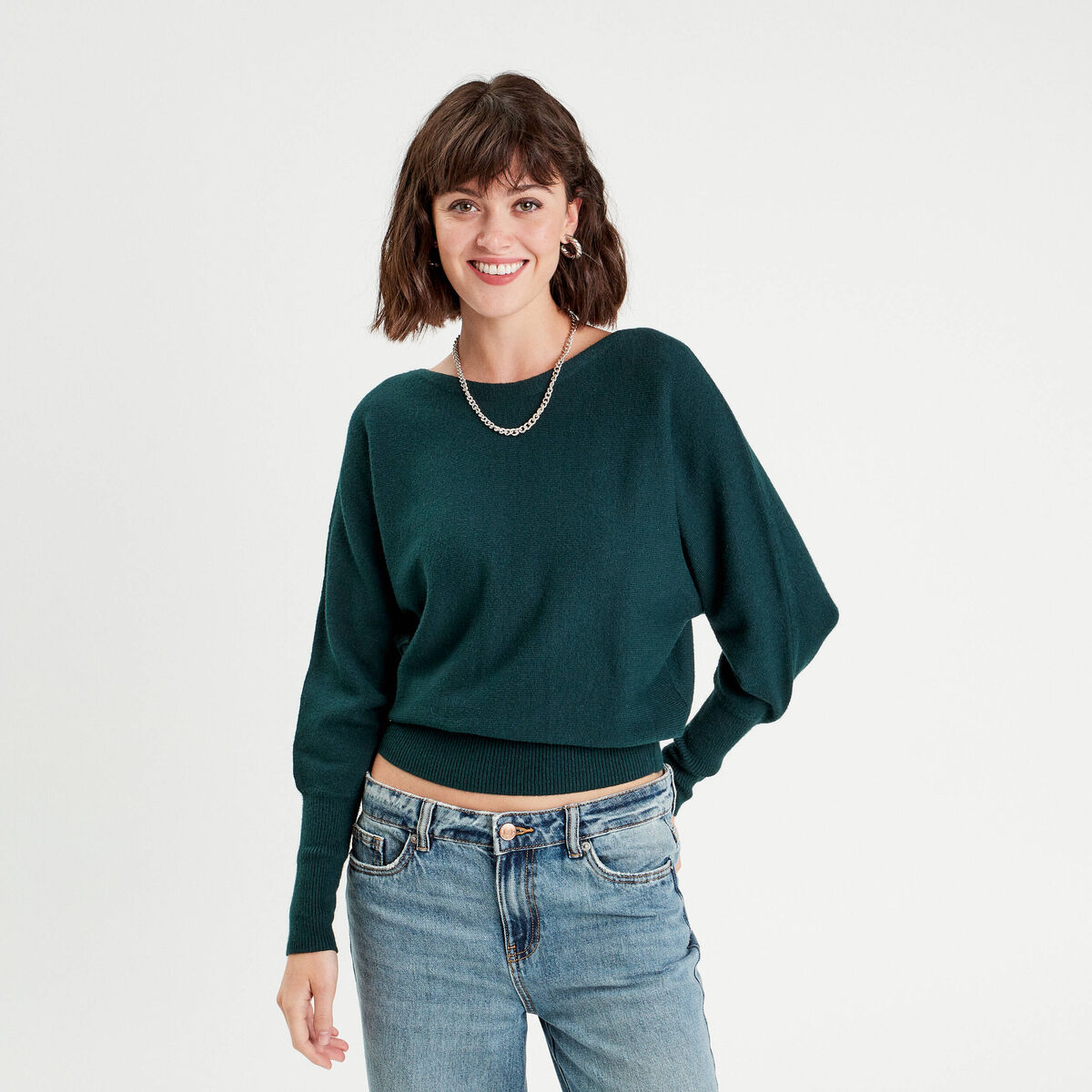 Pull manches chauves-souris vert fonc&eacute; femme