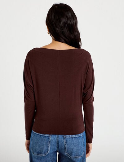 T-shirt col bateau manches longues marron fonc&eacute; femme