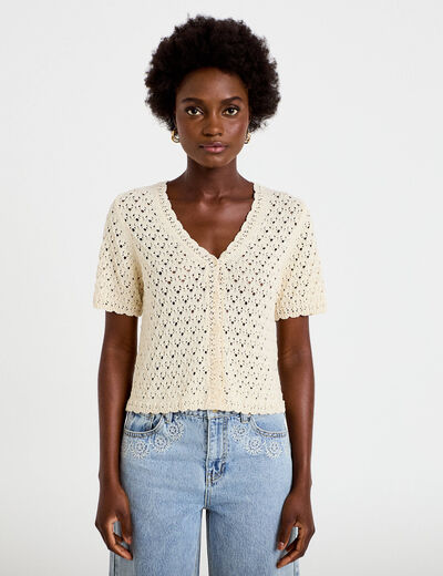 Gilet ajour&eacute; col v manches courtes ecru femme