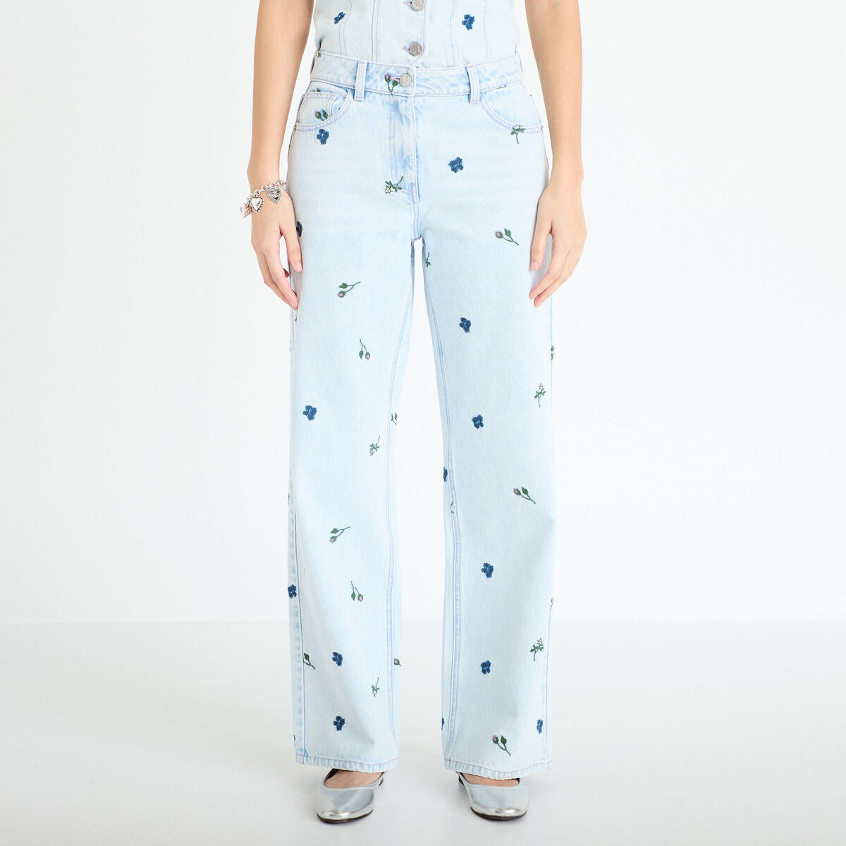 Jean wide leg brod&eacute; Bridgerton bleu clair femme