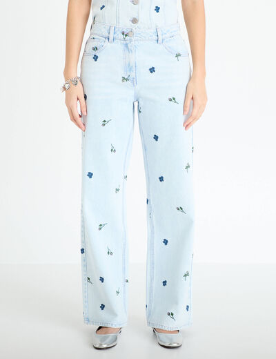 Jean wide leg brod&eacute; Bridgerton bleu clair femme