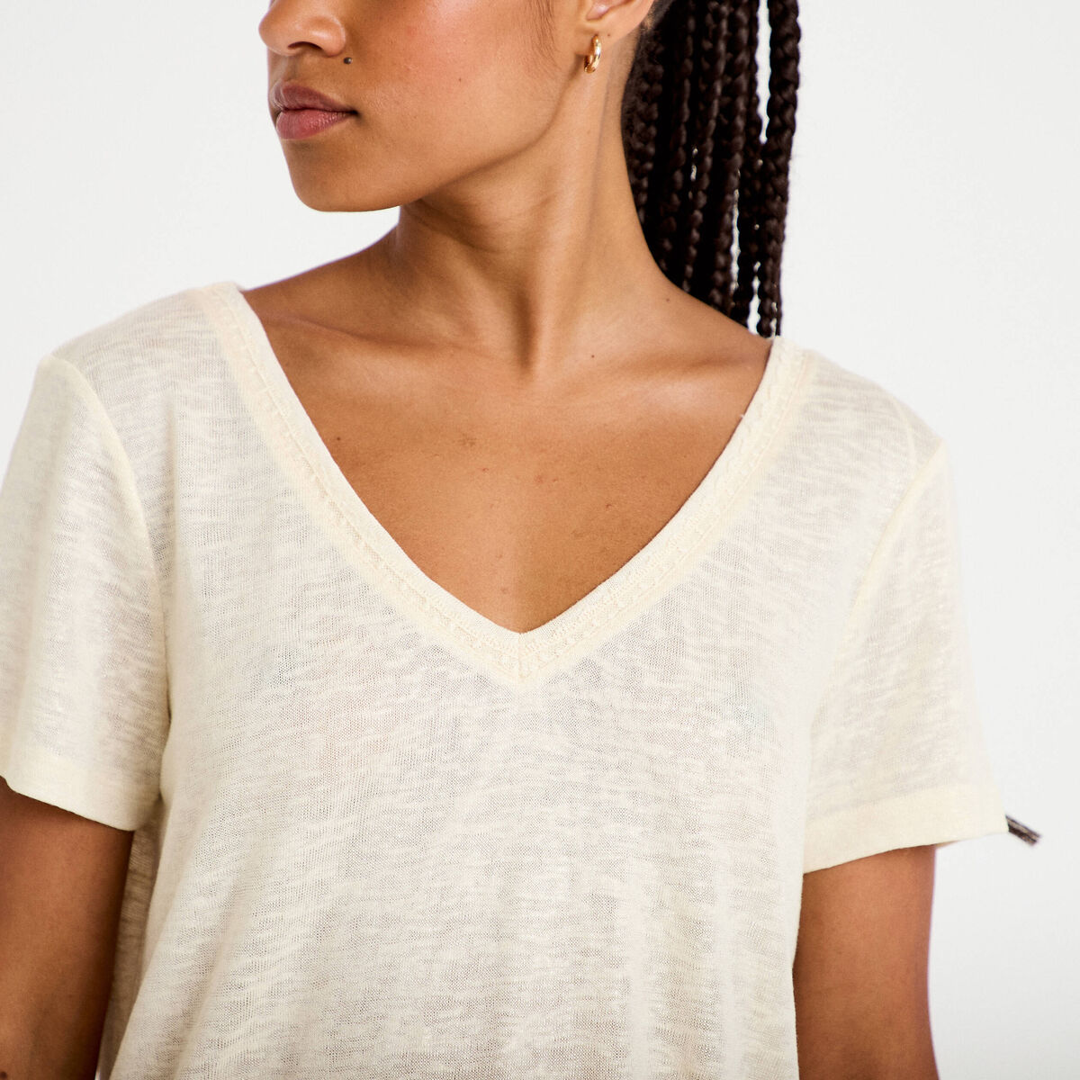 T-shirt col v dentelle manches courtes couleur or femme