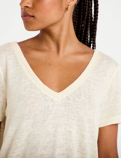 T-shirt col v dentelle manches courtes couleur or femme