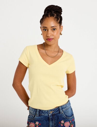 T-shirt ajust&eacute; col v manches courtes jaune clair femme