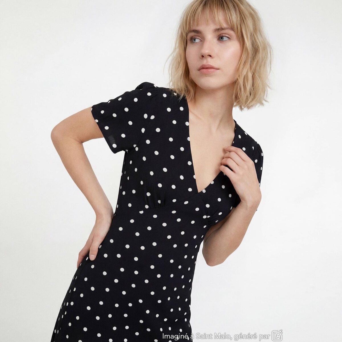 Robe longue &eacute;vas&eacute;e col v manches courtes noir femme