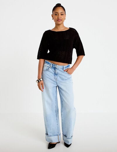 Pull ajour&eacute; aspect dentelle col rond noir femme