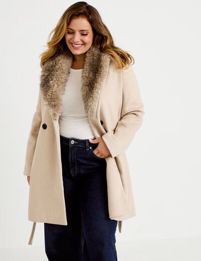 Manteau cintr&eacute; col ch&acirc;le manches longues beige femme