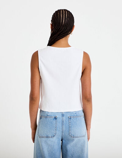 Gilet jean cintr&eacute; cropped sans manches blanc femme
