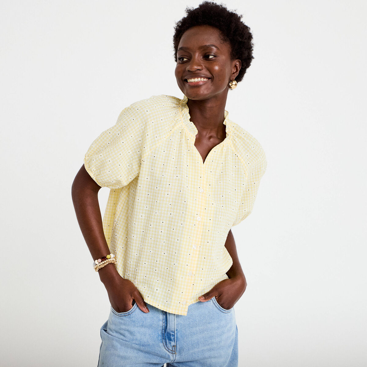 Blouse droite col v manches courtes jaune clair femme