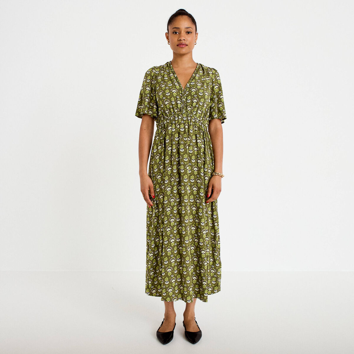 Robe longue manches courtes vert femme