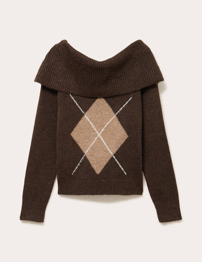 Pull col bardot &agrave; motif manches longues marron femme