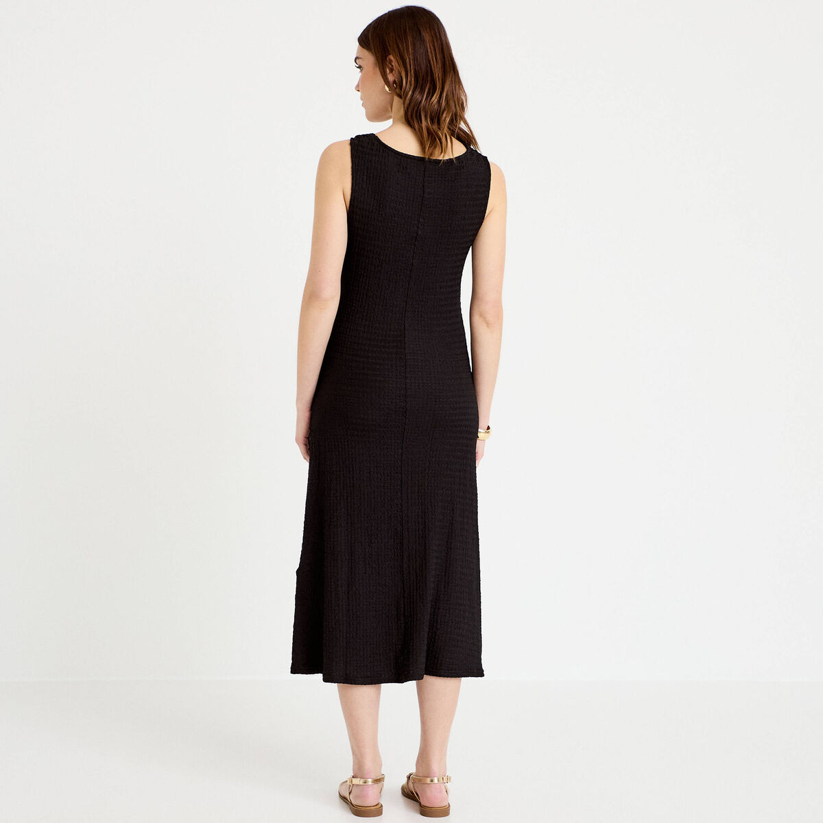 Robe midi droite sans manches en maille noir femme