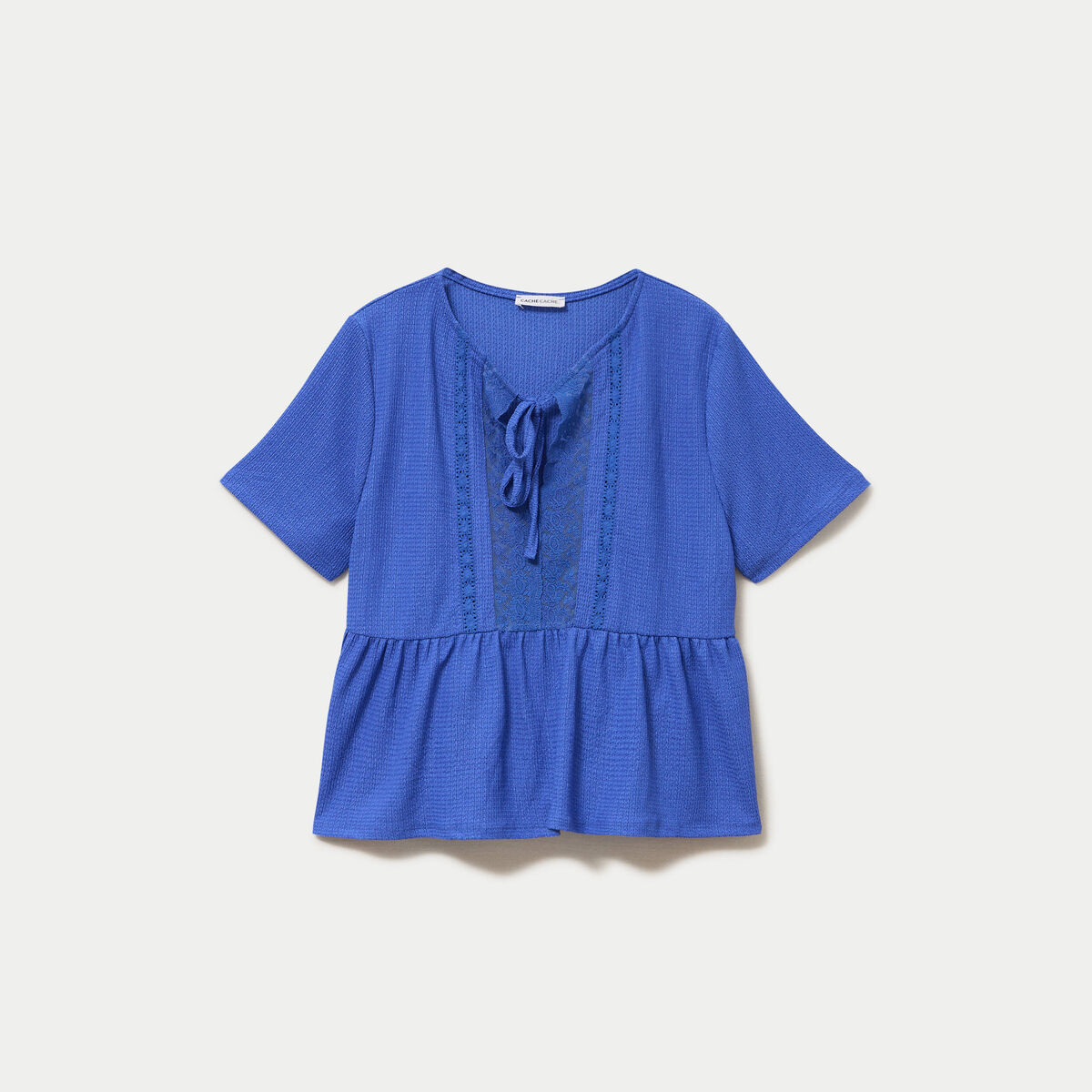 Blouse col v manches courtes dentelle bleu electrique femme