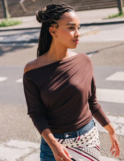 T-shirt col bateau manches longues marron fonc&eacute; femme