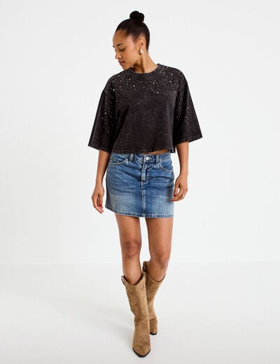 Jupe-short droite en jean denim double stone femme