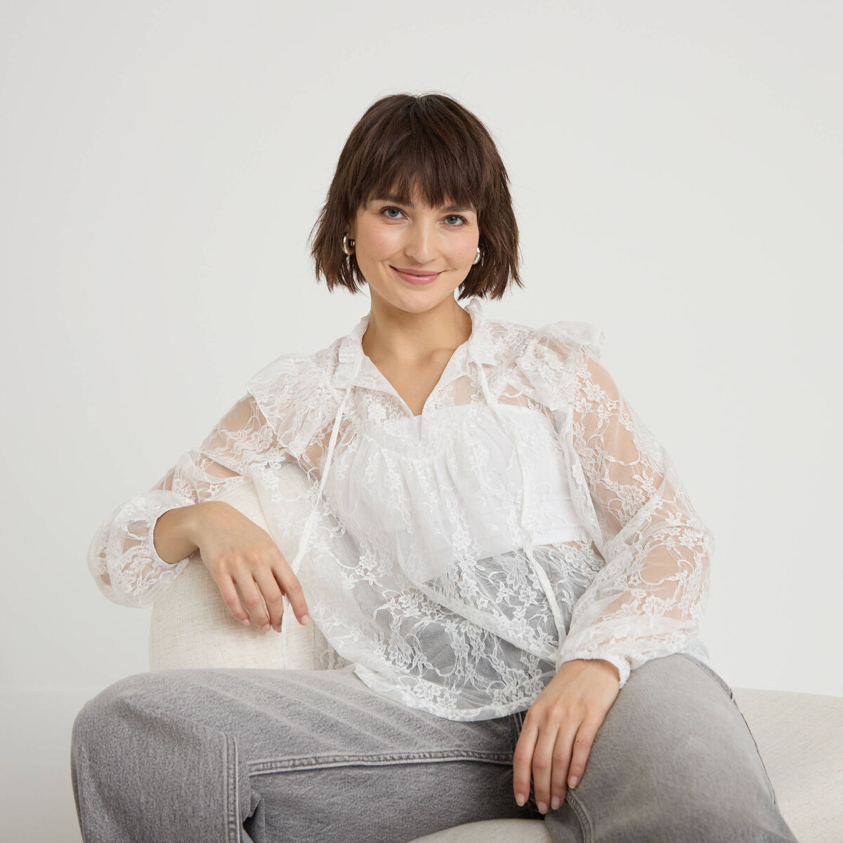 Blouse col rond manches longues dentelle ecru femme