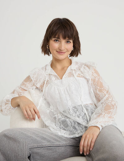 Blouse col rond manches longues dentelle ecru femme