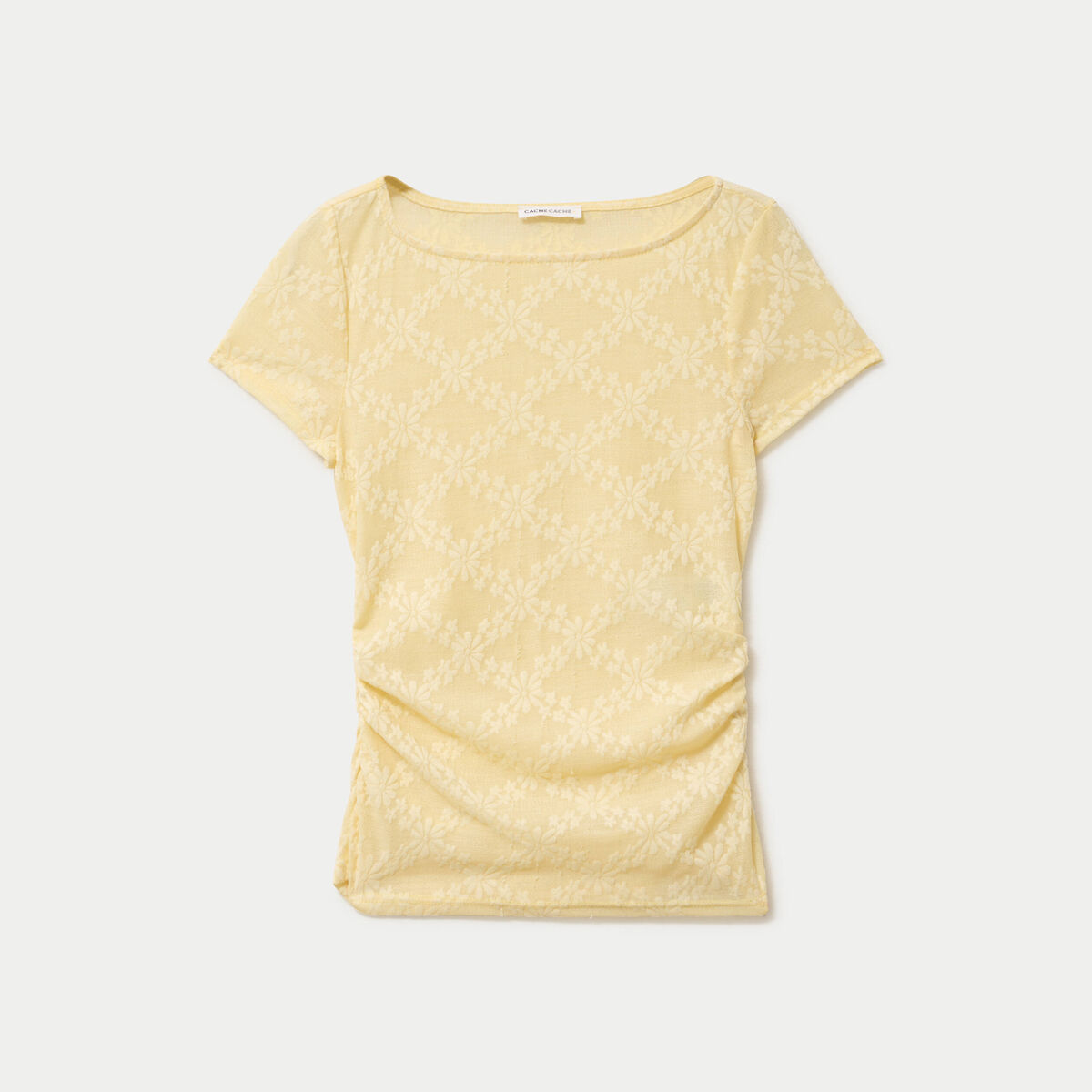 T-shirt ajust&eacute; dentelle col bateau jaune clair femme