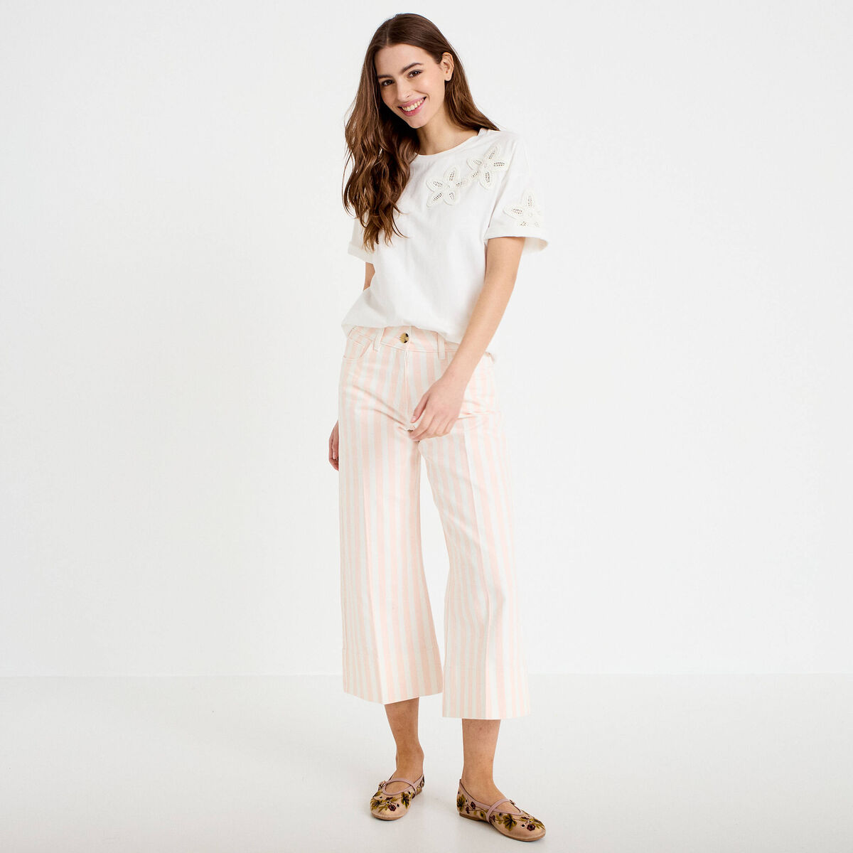 Pantalon bootcut 3/4 taille haute blanc femme