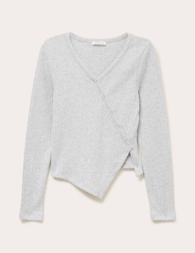 Pull duveteux col rond manches longues gris clair femme